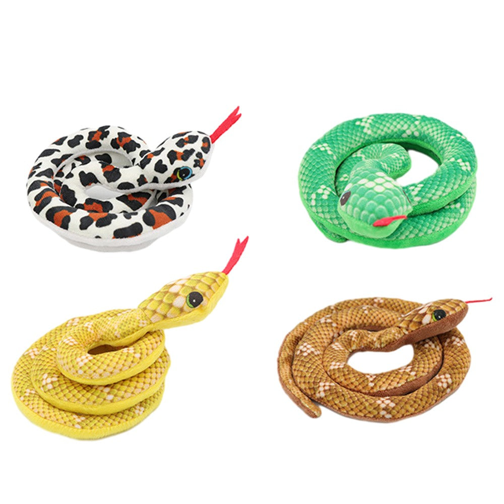 Four plush snake cat toys in yellow, green, white and brown
