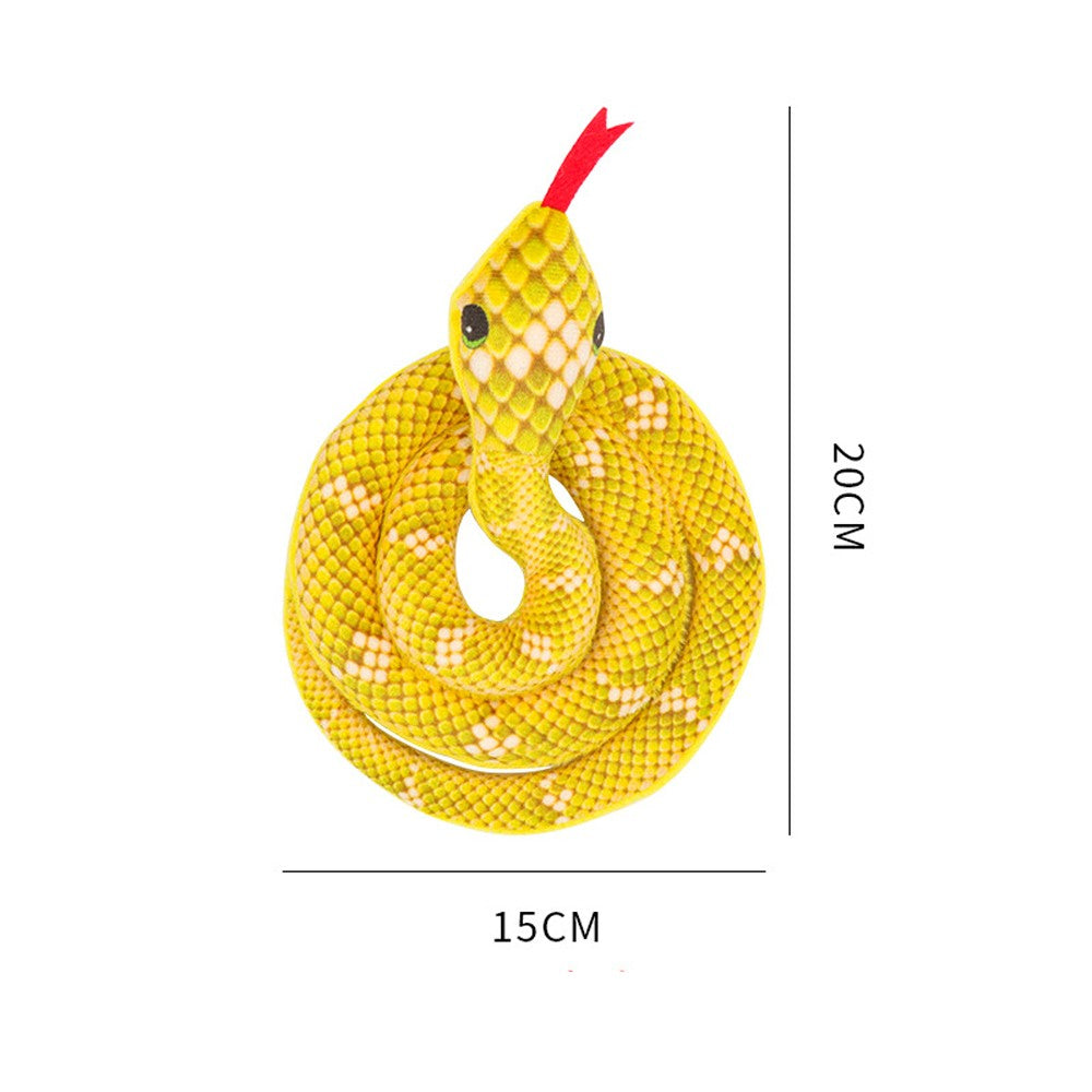 Yellow plush snake cat toy, about 15 by 20 cm when coiled