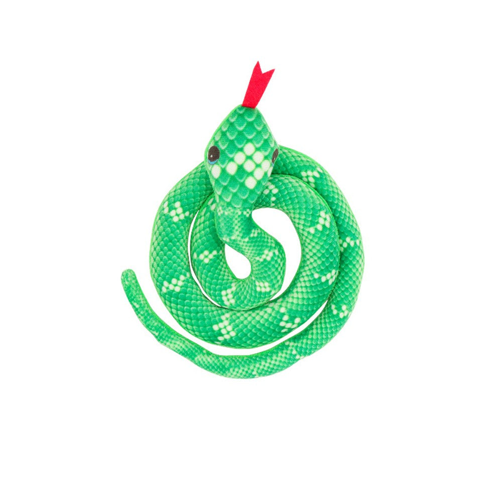 Green plush snake cat toy with a red tongue