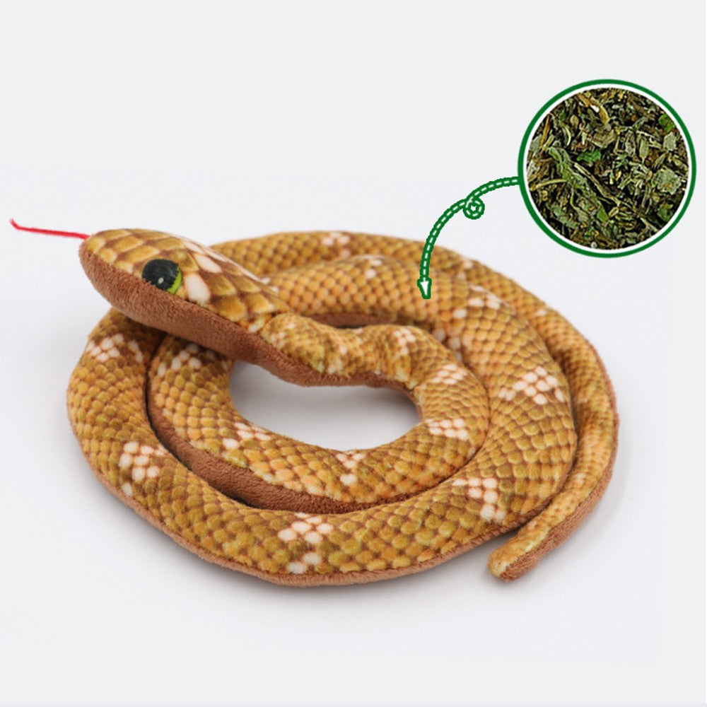 Brown snake cat toy with a close-up of the dried catnip inside