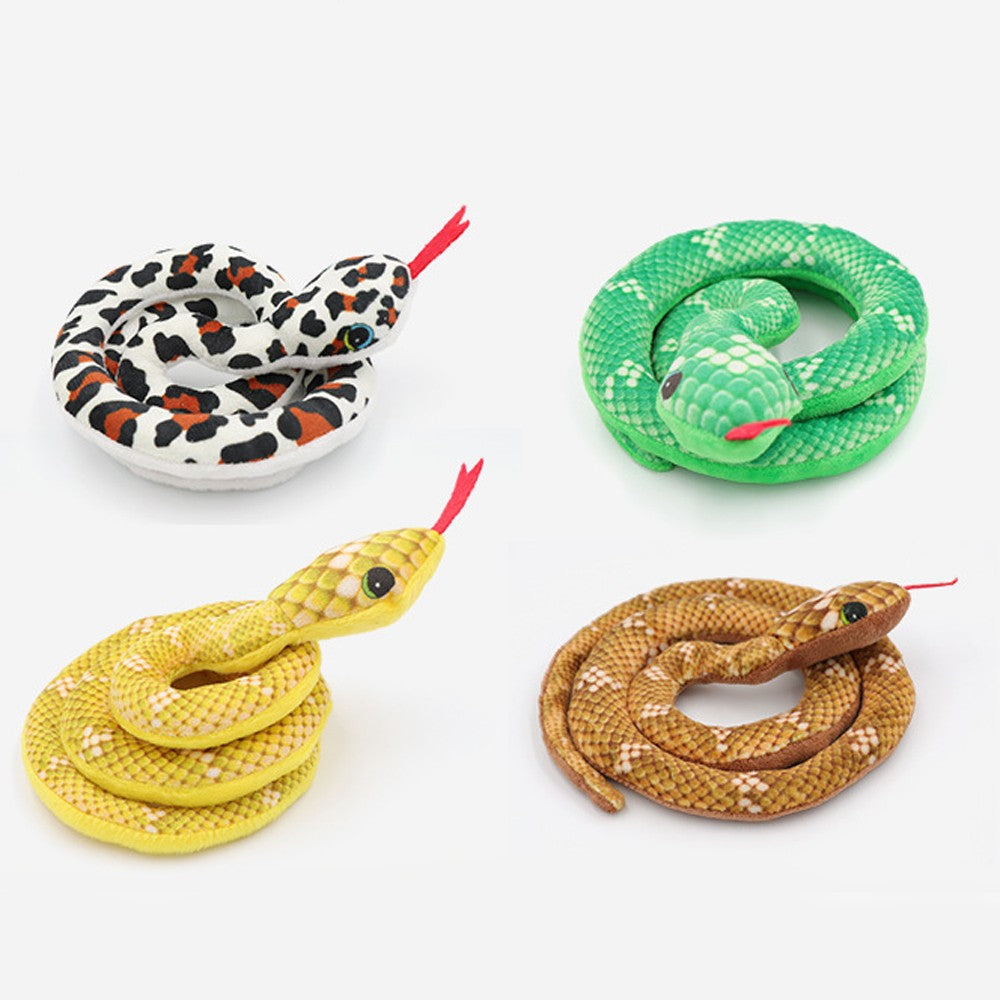 Plush snake cat toys laid out side by side