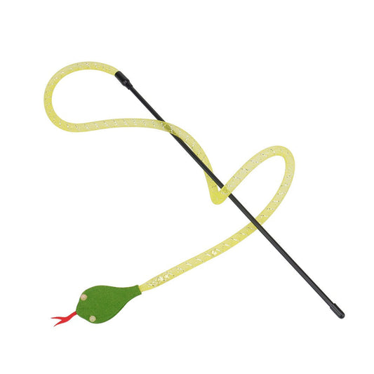 Snake teaser wand with a slim yellow body and green head on a black rod