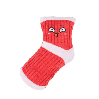 Red sock dog toy with a white cuff and toe