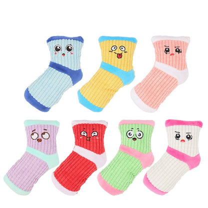 Eight colours of plush sock dog toy with embroidered cartoon faces