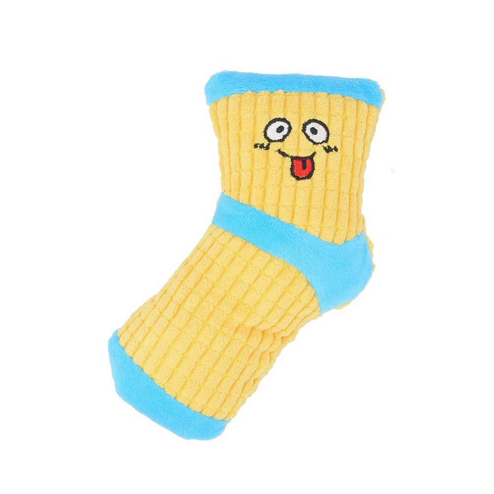 Yellow sock dog toy with a blue cuff and toe