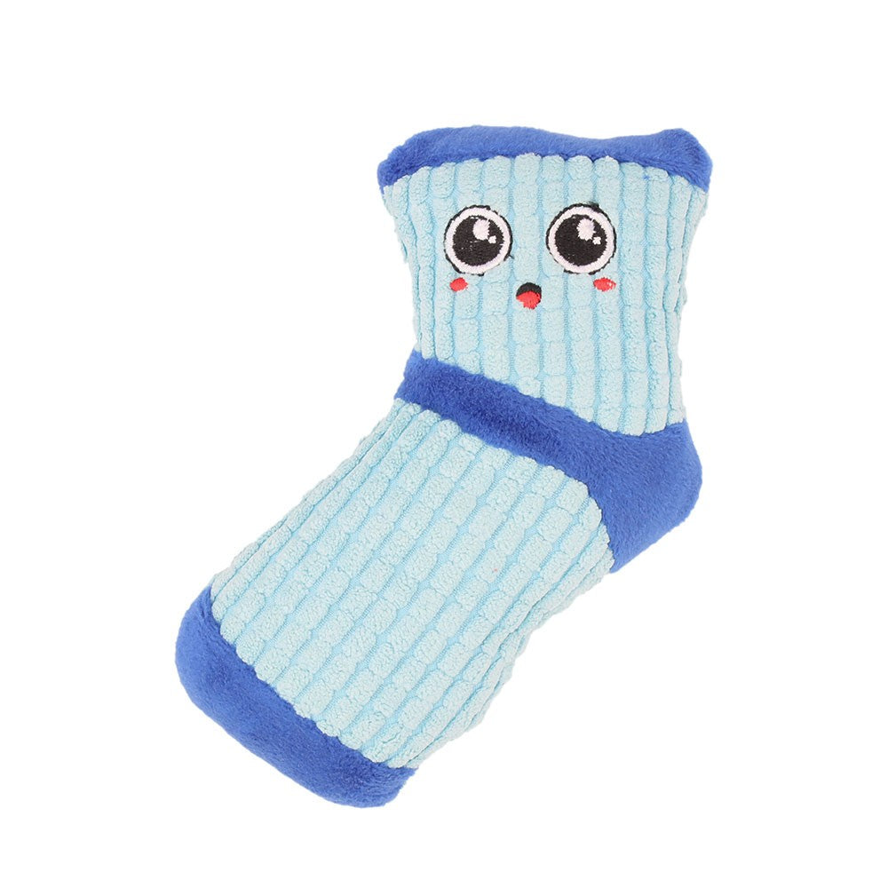 Light blue ribbed sock dog toy with a royal blue cuff