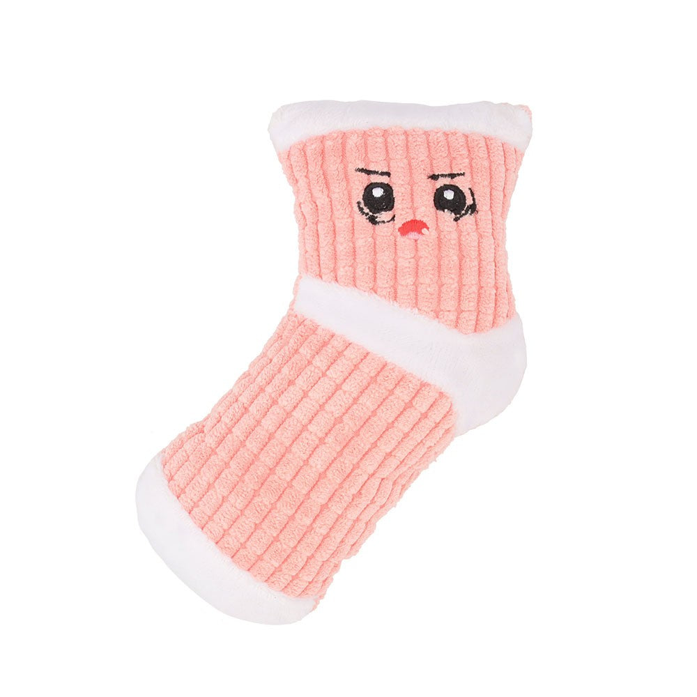 Peach pink sock dog toy with a white cuff and toe