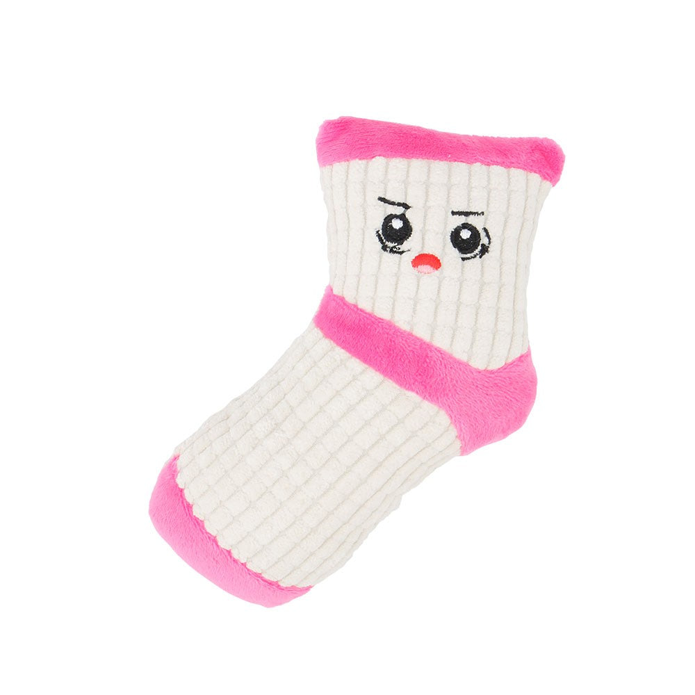 White sock dog toy with a hot pink cuff and toe