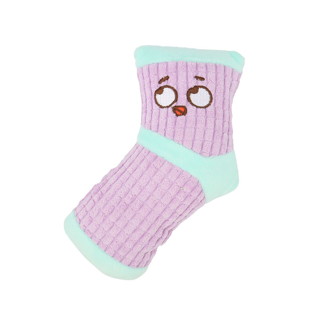 Lilac sock dog toy with a mint cuff and toe