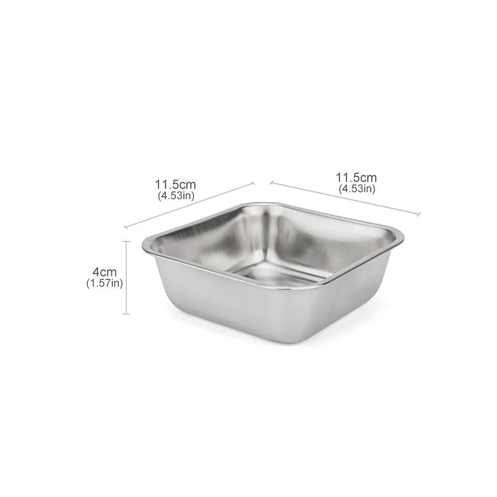 Small square stainless steel pet bowl, 11.5 by 11.5 cm and 4 cm deep