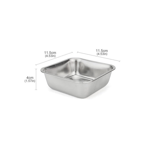 Small square stainless steel pet bowl, 11.5 by 11.5 cm and 4 cm deep