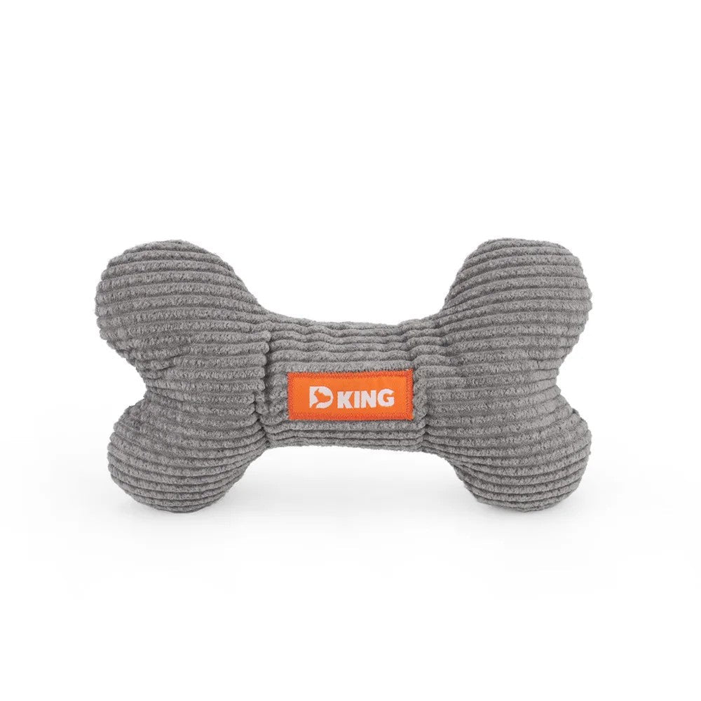 Grey squeaky bone dog toy in corduroy plush