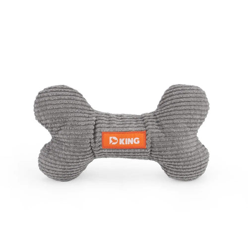 Grey squeaky bone dog toy in corduroy plush