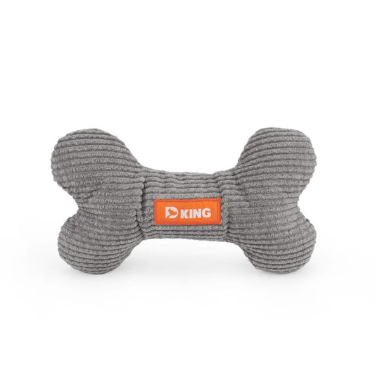 Grey squeaky bone dog toy in corduroy plush