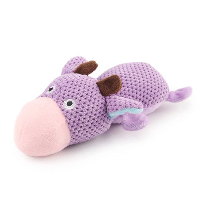 Purple hippo squeaky dog toy in mesh fabric