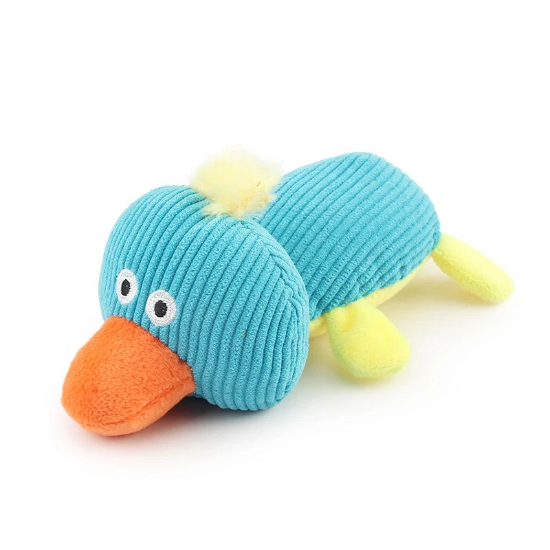 Blue plush duck dog toy with orange bill