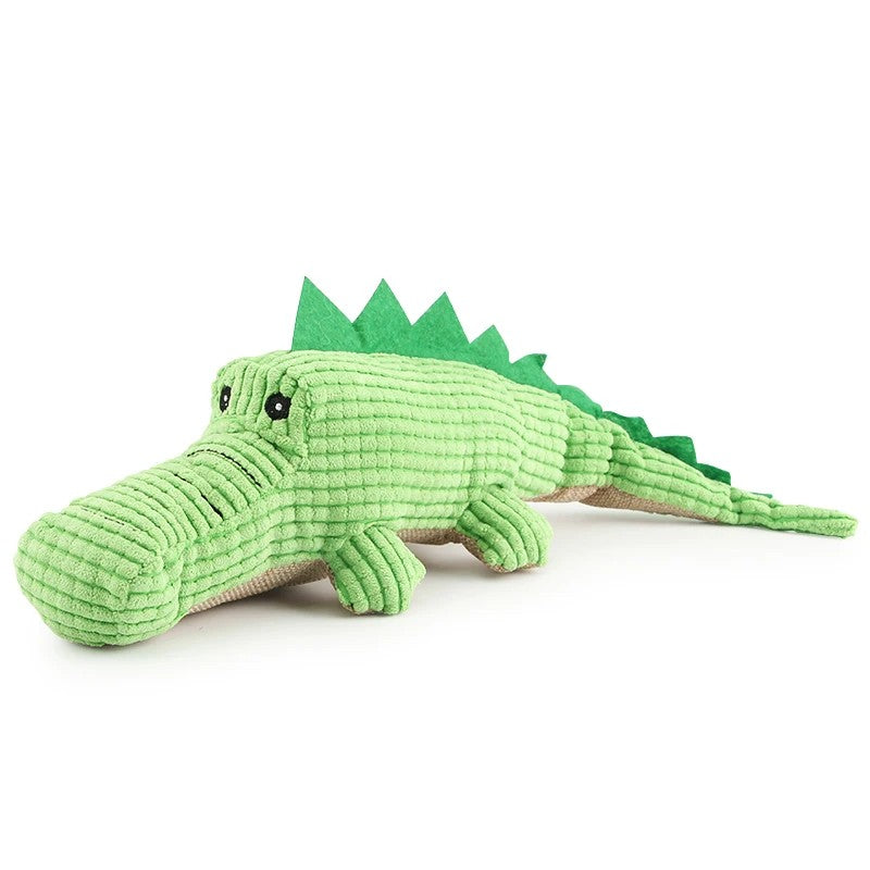 Green corduroy crocodile squeaky dog toy