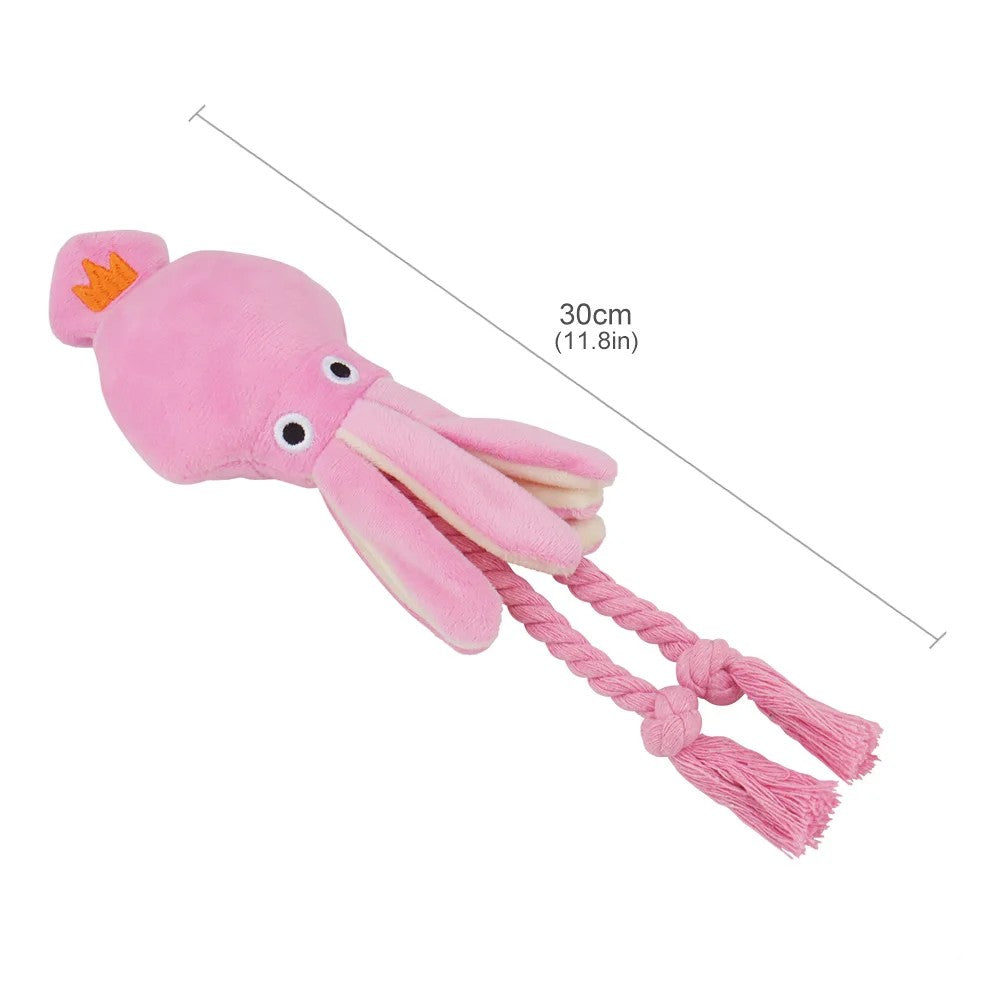 Pink squid dog toy with rope tentacles