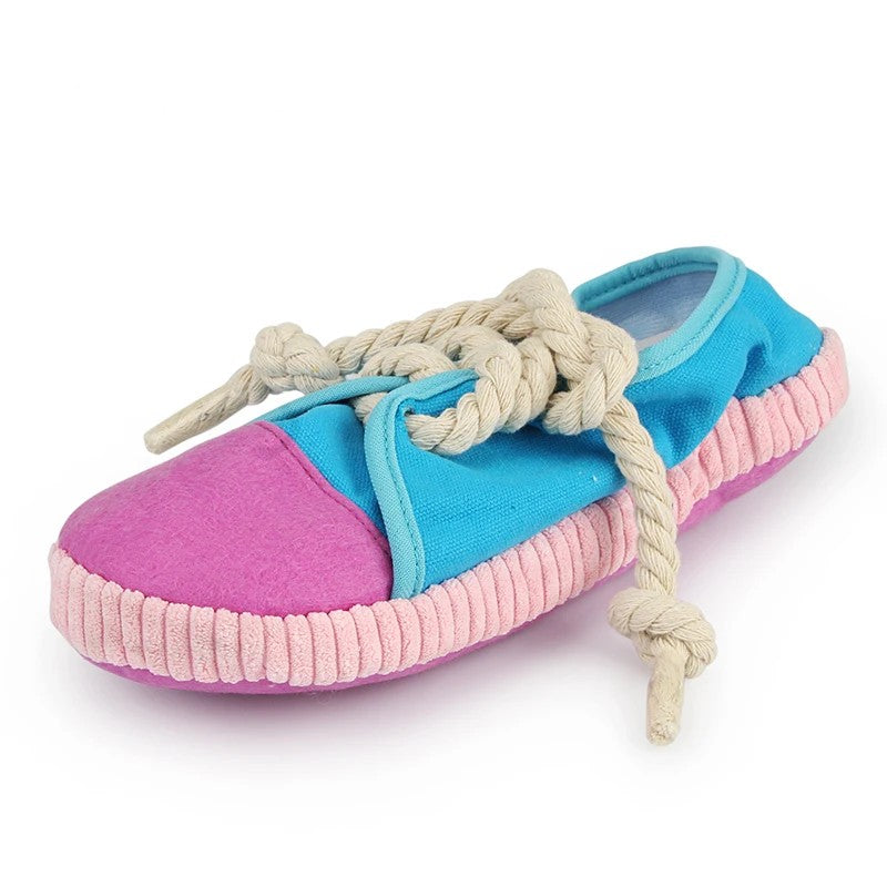 Blue and pink sneaker squeaky dog toy with rope laces