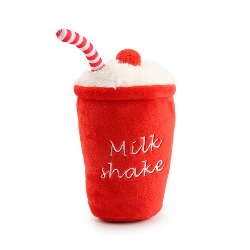 Red milkshake cup squeaky plush dog toy