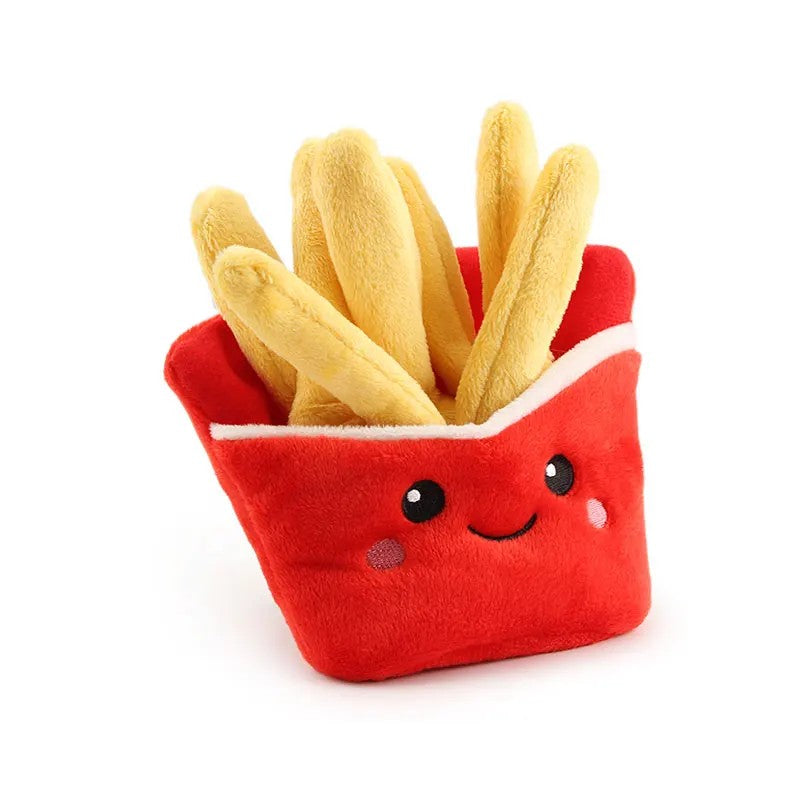 French fries squeaky plush dog toy with smiling face