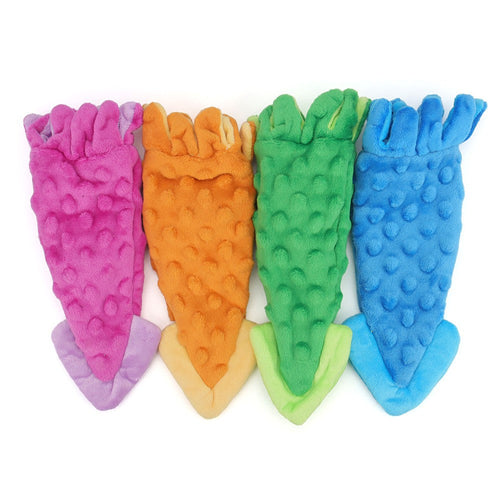 Four plush squid dog toys in pink, orange, green and blue