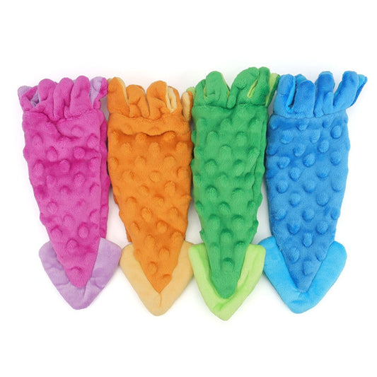 Four plush squid dog toys in pink, orange, green and blue