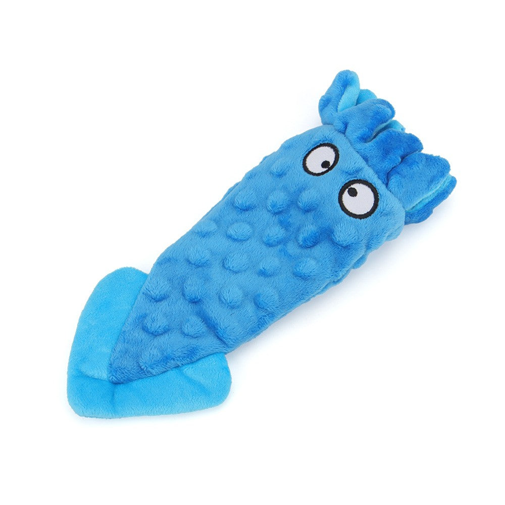 Blue plush squid dog toy with crinkle fins
