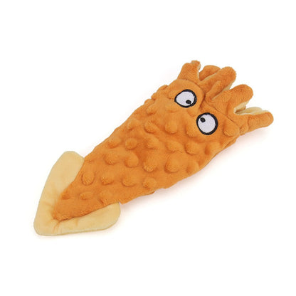 Orange plush squid dog toy with crinkle fins