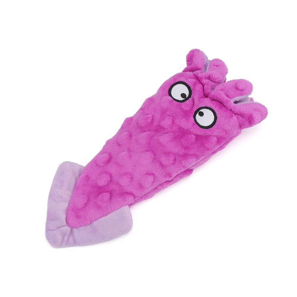 Rose pink plush squid dog toy with crinkle fins