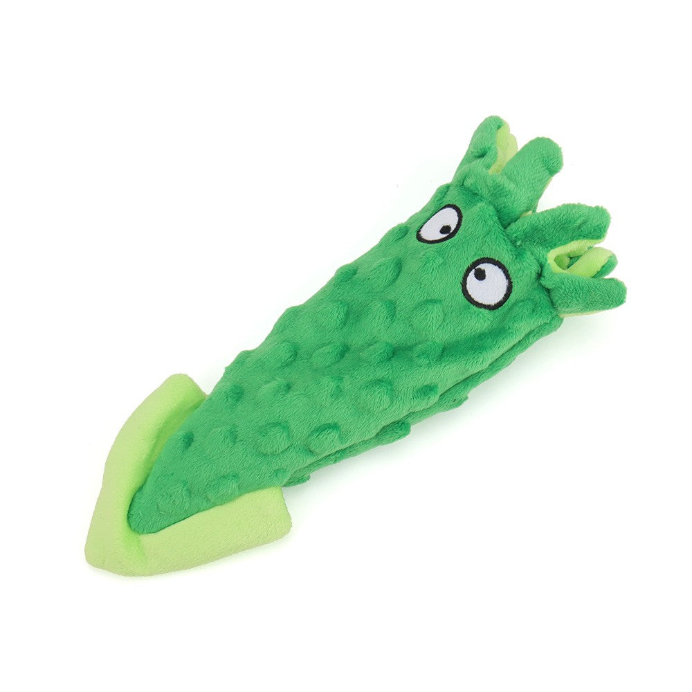 Green plush squid dog toy with crinkle fins