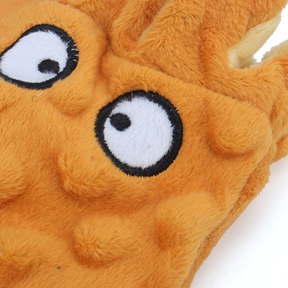 Close-up of the soft bubble plush and stitched eyes on the squid toy