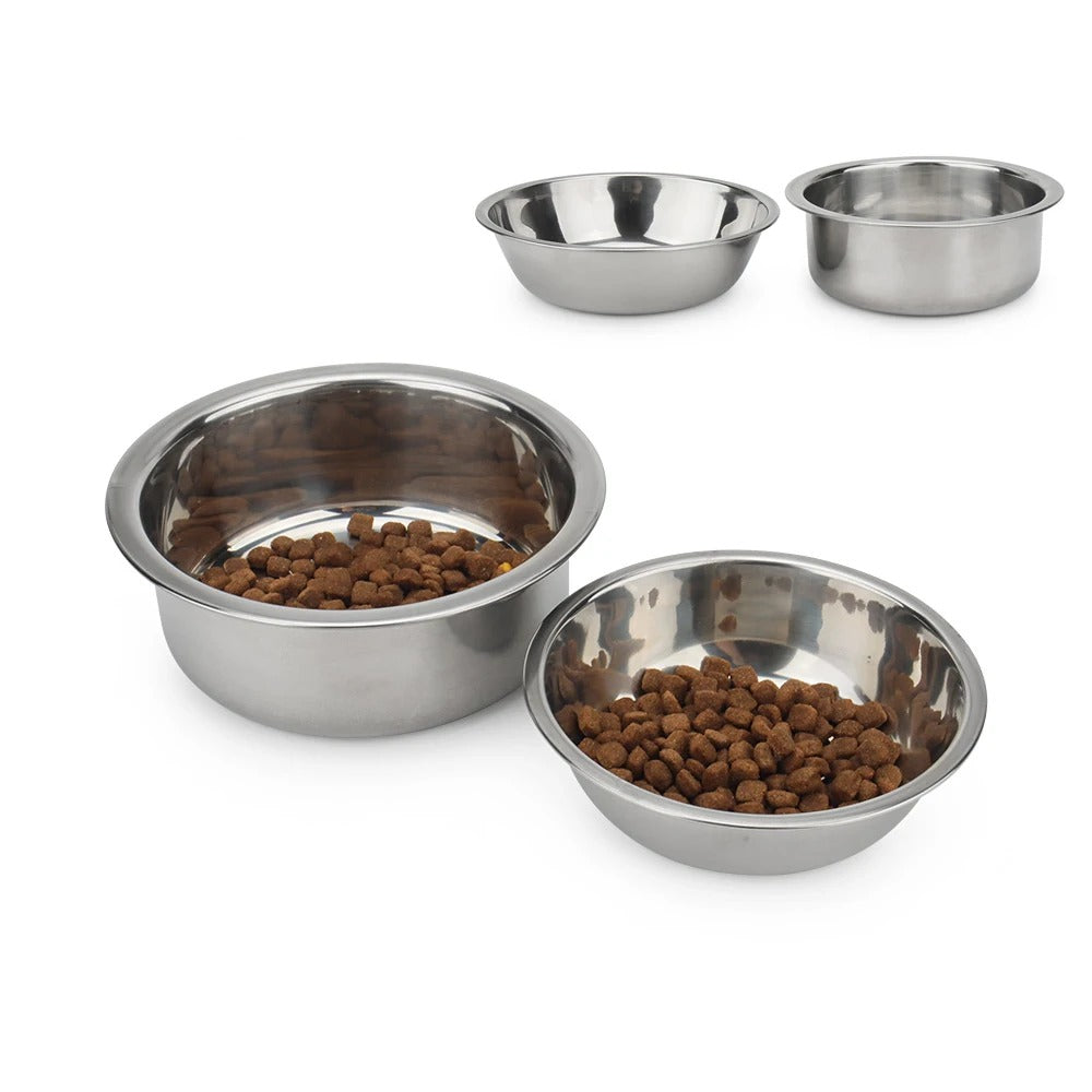 Stainless steel dog bowls in six sizes, two filled with kibble