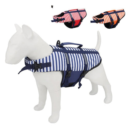 Navy and white striped dog life jacket on a dog mannequin with red and orange options