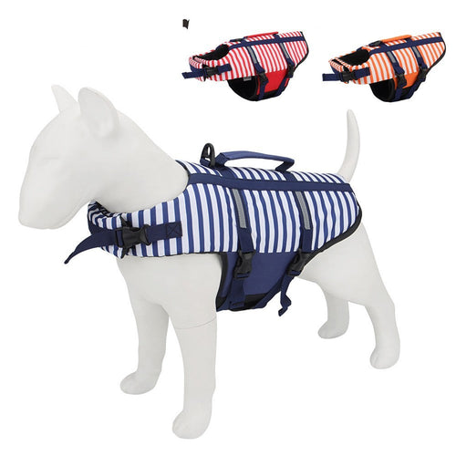 Navy and white striped dog life jacket on a dog mannequin with red and orange options