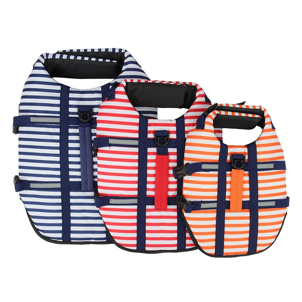 Striped dog life jacket in navy, red and orange