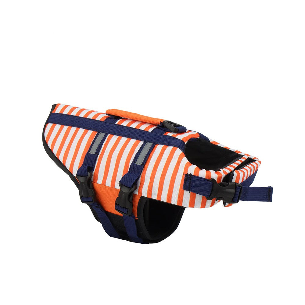 Orange and white striped dog life jacket