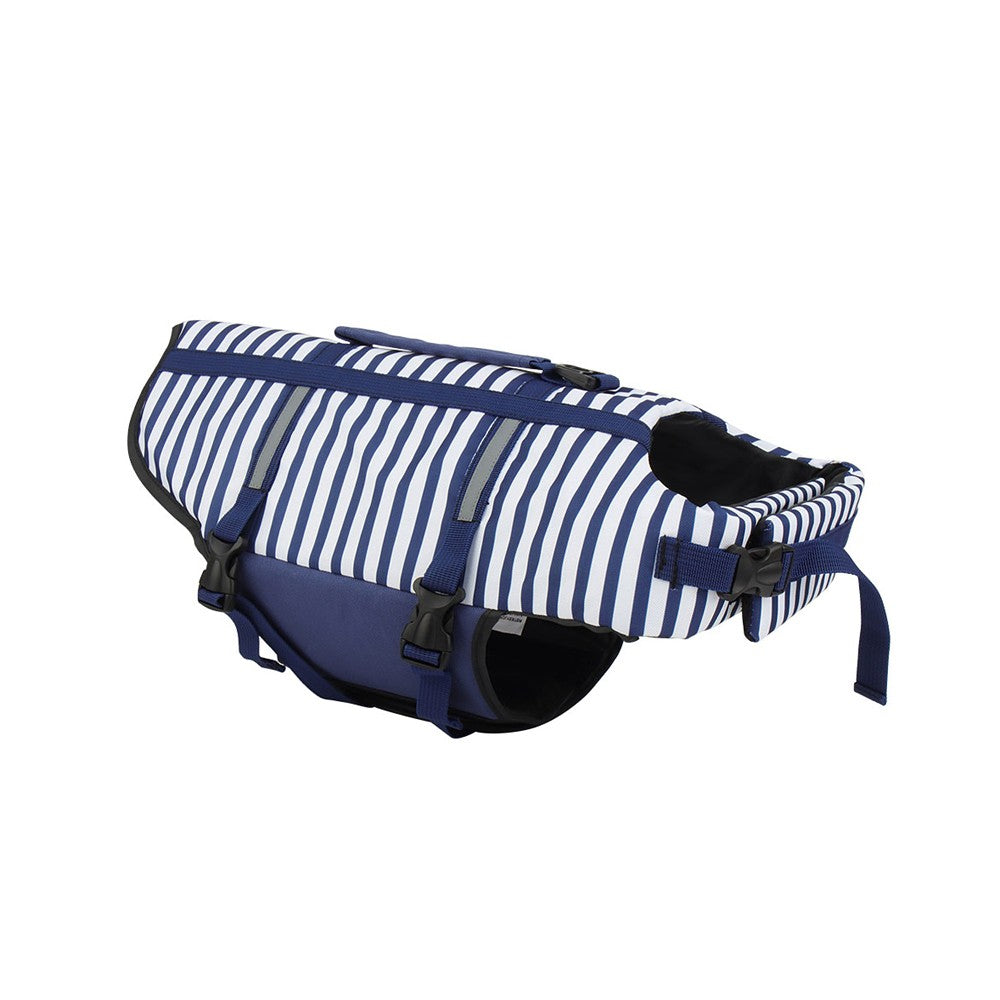 Navy and white striped dog life jacket