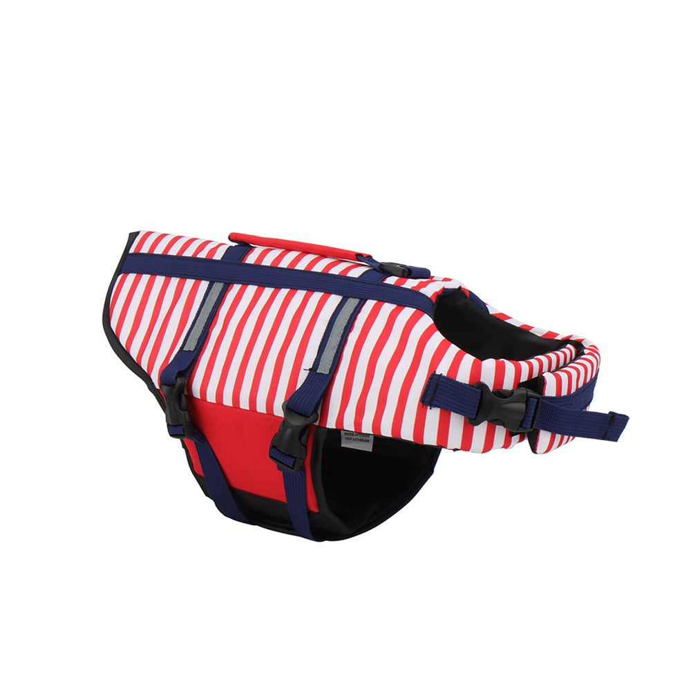Red and white striped dog life jacket