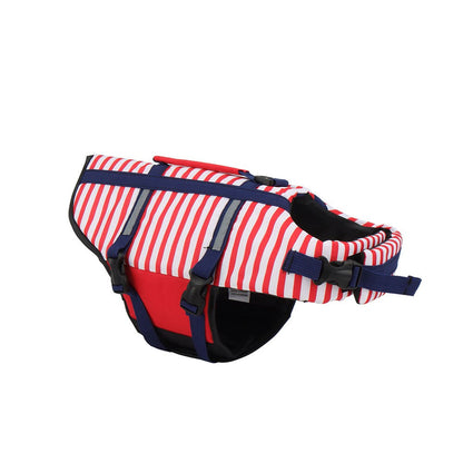 Red and white striped dog life jacket