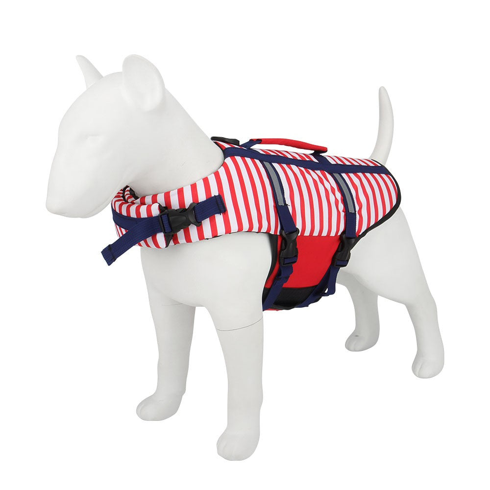 Red striped dog float coat on a dog mannequin