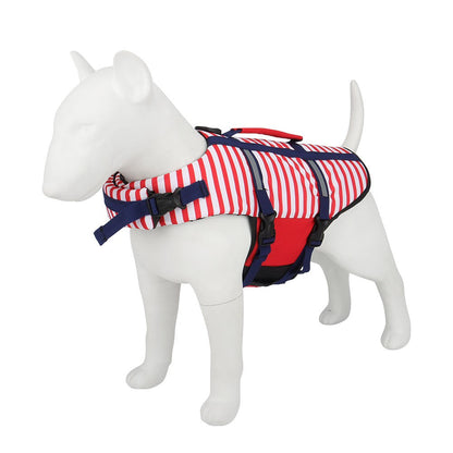 Red striped dog float coat on a dog mannequin