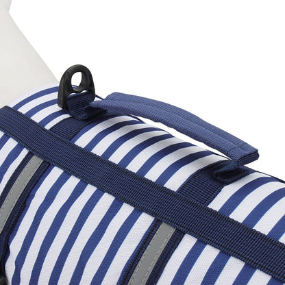 Close-up of the top handle and reflective strip on the striped life jacket