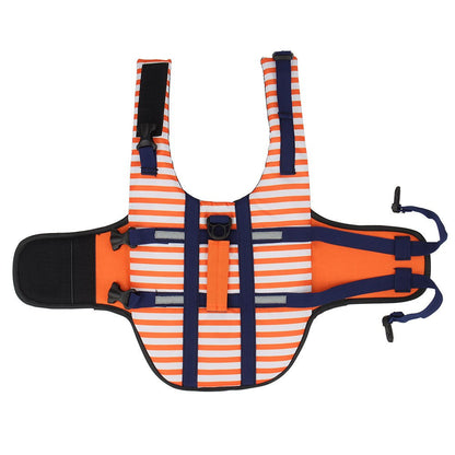 Orange striped dog life jacket laid flat with the chest strap open