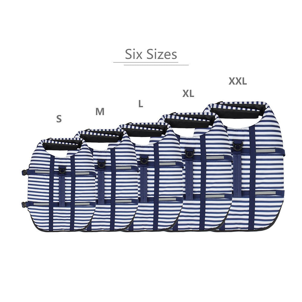 Striped dog life jacket in six sizes from S to XXL