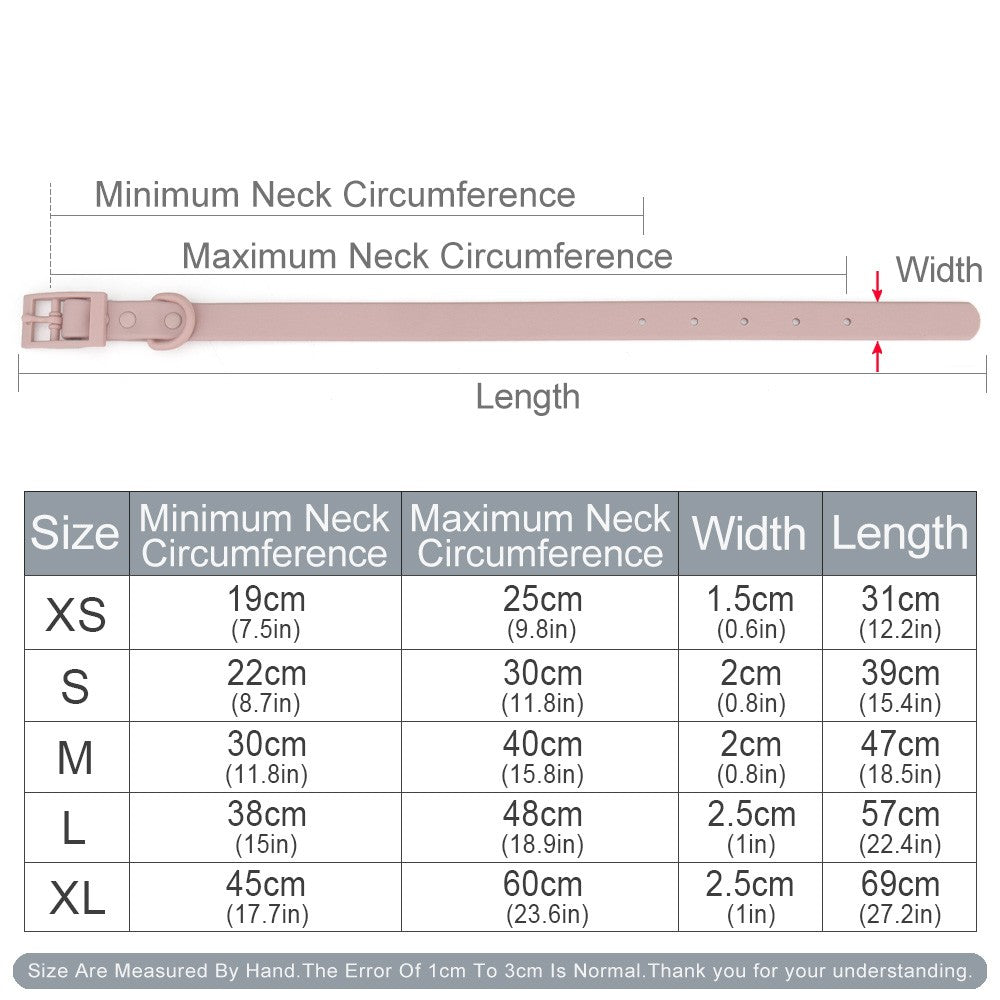 Waterproof collar size chart with neck size, width and length