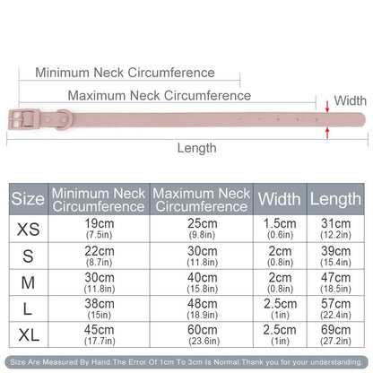 Waterproof collar size chart with neck size, width and length
