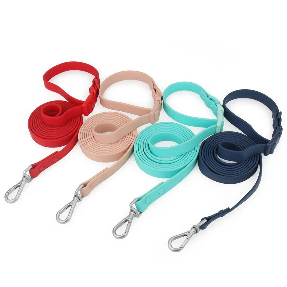 Waterproof hands-free dog leashes in red, blush, mint and navy
