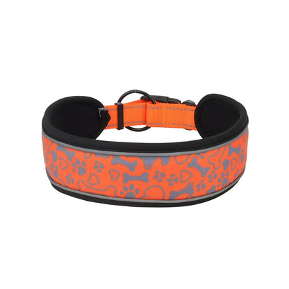 Orange wide padded dog collar with bone and paw print