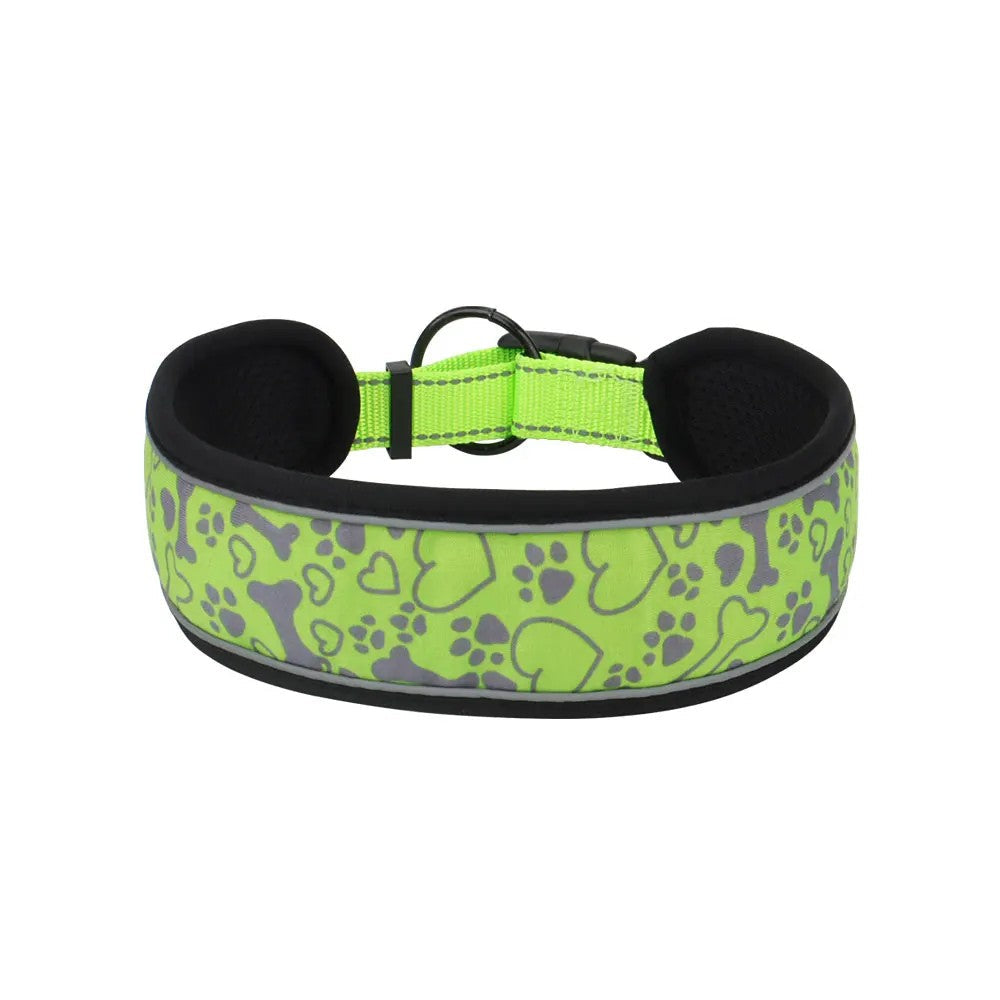 Green wide padded dog collar with bone and paw print